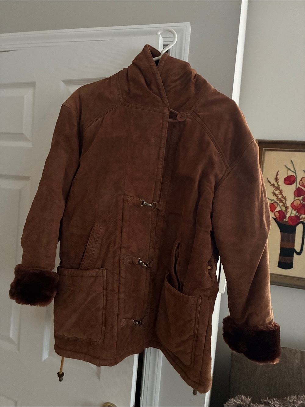 Mens or Ladies Brown Suede Shearling Toggle Coat - Susquehanna Trail Outfitter
